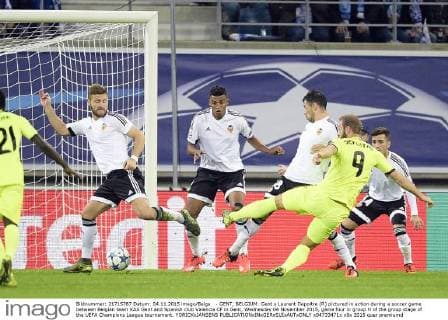 - GENT, BELGIUM: Gent s Laurent Depoitre (R) pictured in action during a soccer game between Belgian team KAA Gent and Spanish club Valencia CF in Gent, Wednesday 04 November 2015, game four in group H of the group stage of the UEFA Champions League tournament. YORICKxJANSENS  x04733471x