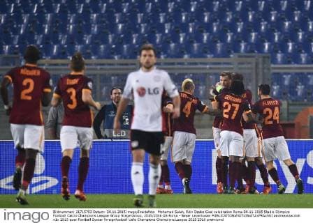 Mohamed Salah, Edin Dzeko Goal celebration Roma 04-11-2015 Stadio Olimpico Football Calcio Champions League Group Stage Group, 2015 2016 AS Roma - Bayer Leverkusen andreaxstaccioli