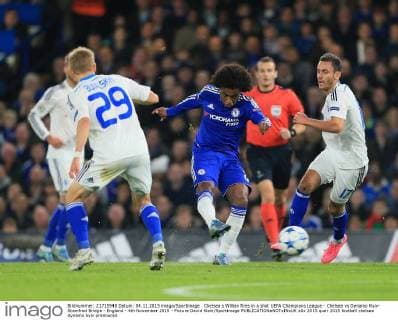 Chelsea s Willian fires in a shot UEFA Champions League - Chelsea vs Dynamo Kyiv- Stamfrod Bridge - England - 4th November 2015 - Picture David Klein Sportimage EDITORIAL USE ONLY. No use with unauthorised audio, video, data, fixture lists, club league logos or live services. Online in-match use limited to 120 images, no video emulation. No use in betting, games or single club league player publications.