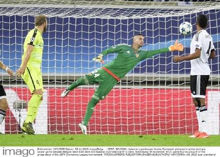 - GENT, BELGIUM: Valencia s goalkeeper Jaume Domenech pictured in action during a soccer game between Belgian team KAA Gent and Spanish club Valencia CF in Gent, Wednesday 04 November 2015, game four in group H of the group stage of the UEFA Champions League tournament. YORICKxJANSENS  x04733485x