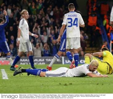 Kyiv s Aleksandar Dragovic (centre) looks on dejected after scoring an own goal UEFA Champions League - Chelsea vs Dynamo Kyiv- Stamfrod Bridge - England - 4th November 2015 - Picture David Klein Sportimage EDITORIAL USE ONLY. No use with unauthorised audio, video, data, fixture lists, club league logos or live services. Online in-match use limited to 120 images, no video emulation. No use in betting, games or single club league player publications.