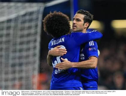 Chelsea s Cesc Fabfregas celebrates his sides opening goal with Willian UEFA Champions League - Chelsea vs Dynamo Kyiv- Stamfrod Bridge - England - 4th November 2015 - Picture David Klein Sportimage EDITORIAL USE ONLY. No use with unauthorised audio, video, data, fixture lists, club league logos or live services. Online in-match use limited to 120 images, no video emulation. No use in betting, games or single club league player publications.