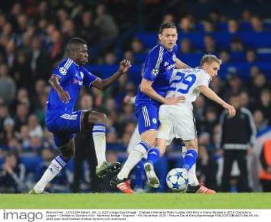 Chelsea s Nemanja Matci tussles with Kyiv s Vitaliy Buyalskiy UEFA Champions League - Chelsea vs Dynamo Kyiv- Stamfrod Bridge - England - 4th November 2015 - Picture David Klein Sportimage EDITORIAL USE ONLY. No use with unauthorised audio, video, data, fixture lists, club league logos or live services. Online in-match use limited to 120 images, no video emulation. No use in betting, games or single club league player publications.