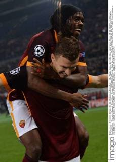 Edin Dzeko Roma, Gervinho. Goal celebration. Roma 04-11-2015 Stadio Olimpico Football Calcio Champions League Group Stage Group, 2015 2016 AS Roma - Bayer Leverkusen AntoxBaldassarre