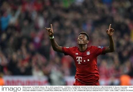 FUSSBALL CHAMPIONS LEAGUE SAISON 2014 2015 GRUPPENPHASE FC Bayern Muenchen - Arsenal London 04.11.2015 David Alaba (FC Bayern Muenchen) bejubelt seinen Treffer zum 3:0 