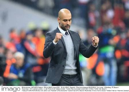 04.11.2015; Fussball, Championsleague 2015 2016, Vorrunde, 4.Spieltag, FC Bayern Muenchen - FC Arsenal London, in der Muenchner Allianz-Arena. Trainer Pep Guardiola jubelt beim dritten Treffer der Bayern 