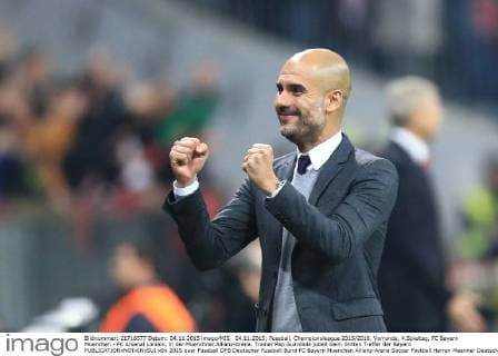 04.11.2015; Fussball, Championsleague 2015 2016, Vorrunde, 4.Spieltag, FC Bayern Muenchen - FC Arsenal London, in der Muenchner Allianz-Arena. Trainer Pep Guardiola jubelt beim dritten Treffer der Bayern 