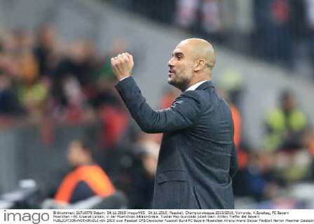 04.11.2015; Fussball, Championsleague 2015 2016, Vorrunde, 4.Spieltag, FC Bayern Muenchen - FC Arsenal London, in der Muenchner Allianz-Arena. Trainer Pep Guardiola jubelt beim dritten Treffer der Bayern 
