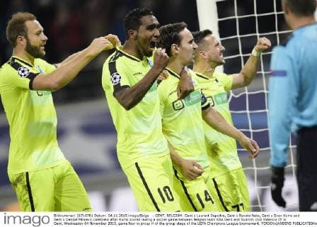 - GENT, BELGIUM: Gent s Laurent Depoitre, Gent s Renato Neto, Gent s Sven Kums and Gent s Danijel Milicevic celebrate after Kums scored during a soccer game between Belgian team KAA Gent and Spanish club Valencia CF in Gent, Wednesday 04 November 2015, game four in group H of the group stage of the UEFA Champions League tournament. YORICKxJANSENS  x04733547x