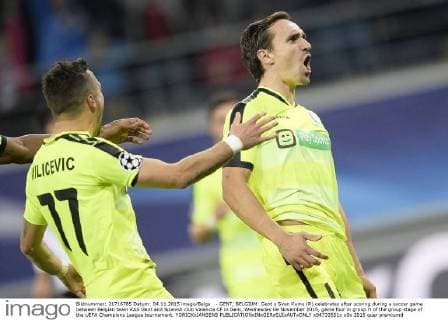- GENT, BELGIUM: Gent s Sven Kums (R) celebrates after scoring during a soccer game between Belgian team KAA Gent and Spanish club Valencia CF in Gent, Wednesday 04 November 2015, game four in group H of the group stage of the UEFA Champions League tournament. YORICKxJANSENS  x04733551x