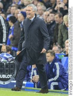 Football - 2015 2016 Champions League - Group G: Chelsea vs. Dynamo Kiev. Chelsea Manager Jose Mourinho laughs in disbelief as another decision goes against him at Stamford Bridge. COLORSPORT DANIEL BEARHAM  che_dyn