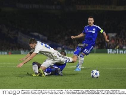 04.11.2015. Stamford Bridge, London, England. Champions League. Chelsea versus Dynamo Kiev. Chelsea s Kurt Zouma makes the clean challenge in the box xNigelxCookex  ActionPlus11679419