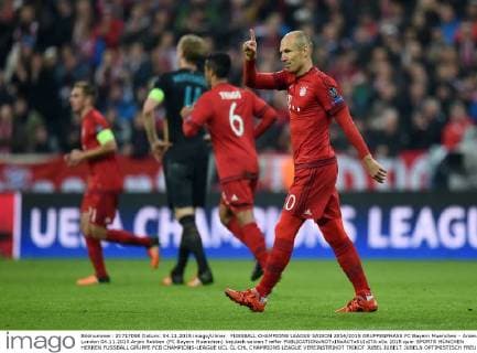 FUSSBALL CHAMPIONS LEAGUE SAISON 2014 2015 GRUPPENPHASE FC Bayern Muenchen - Arsenal London 04.11.2015 Arjen Robben (FC Bayern Muenchen) bejubelt seinen Treffer 