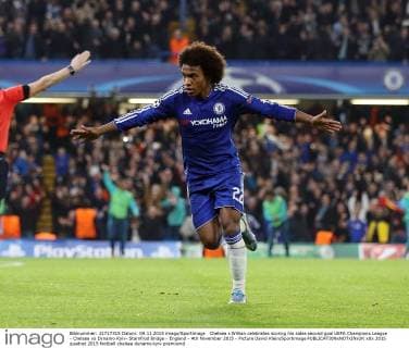 Chelsea s Willian celebrates scoring his sides second goal UEFA Champions League - Chelsea vs Dynamo Kyiv- Stamfrod Bridge - England - 4th November 2015 - Picture David Klein Sportimage EDITORIAL USE ONLY. No use with unauthorised audio, video, data, fixture lists, club league logos or live services. Online in-match use limited to 120 images, no video emulation. No use in betting, games or single club league player publications.