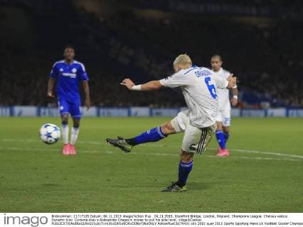 04.11.2015. Stamford Bridge, London, England. Champions League. Chelsea versus Dynamo Kiev. Dynamo Kiev s Aleksandar Dragovic scores to pull his side level. xNigelxCookex  ActionPlus11679431