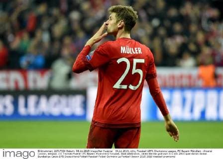 04.11.2015, xjhx, Fussball UEFA Champions League, FC Bayern München - Arsenal London, emspor, v.l. Thomas Mueller (FC Bayern Muenchen) Torjubel, Goal celebration, celebrate the goal zum 5:1