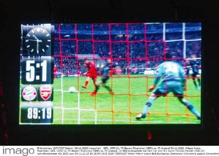 GER, UEFA CL, FC Bayern Muenchen (GER) vs. FC Arsenal 04.11.2015, Allianz Arena, Muenchen, GER, UEFA CL, FC Bayern Muenchen (GER) vs. FC Arsenal , im Bild Anzeigetafel mit dem Tor zum 5-1 durch Thomas Mueller (FCB 25) nphxStraubmeier