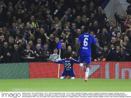 04.11.2015. Stamford Bridge, London, England. Champions League. Chelsea versus Dynamo Kiev. Chelsea s Willian celebrates his goal in the 83rd minute. xNigelxCookex  ActionPlus11679437