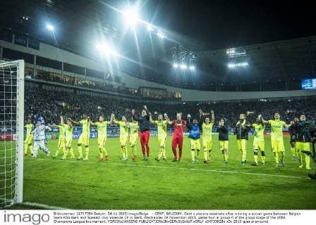 - GENT, BELGIUM: Gent s players celebrate after winning a soccer game between Belgian team KAA Gent and Spanish club Valencia CF in Gent, Wednesday 04 November 2015, game four in group H of the group stage of the UEFA Champions League tournament. YORICKxJANSENS  x04733628x