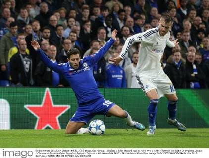 Chelsea s Eden Hazard tussles with Kyiv s Andriy Yarmolenko UEFA Champions League - Chelsea vs Dynamo Kyiv- Stamfrod Bridge - England - 4th November 2015 - Picture David Klein Sportimage EDITORIAL USE ONLY. No use with unauthorised audio, video, data, fixture lists, club league logos or live services. Online in-match use limited to 120 images, no video emulation. No use in betting, games or single club league player publications.