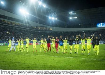 - GENT, BELGIUM: Gent s players celebrate after winning a soccer game between Belgian team KAA Gent and Spanish club Valencia CF in Gent, Wednesday 04 November 2015, game four in group H of the group stage of the UEFA Champions League tournament. YORICKxJANSENS  x04733629x