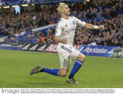 Football - 2015 2016 Champions League - Group G: Chelsea vs. Dynamo Kiev. Dynamo Kyiv s Aleksandar Dragovic runs to the teams fans after scoring his teams equaliser at Stamford Bridge. COLORSPORT DANIEL BEARHAM  che_dyn