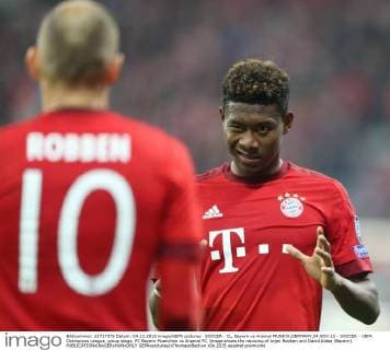 SOCCER - CL, Bayern vs Arsenal MUNICH,GERMANY,04.NOV.15 - SOCCER - UEFA Champions League, group stage, FC Bayern Muenchen vs Arsenal FC. Image shows the rejoicing of Arjen Robben and David Alaba (Bayern). GEPAxpictures xThomasxBachun