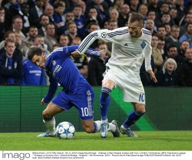 Chelsea s Eden Hazard tussles with Kyiv s Andriy Yarmolenko UEFA Champions League - Chelsea vs Dynamo Kyiv- Stamfrod Bridge - England - 4th November 2015 - Picture David Klein Sportimage EDITORIAL USE ONLY. No use with unauthorised audio, video, data, fixture lists, club league logos or live services. Online in-match use limited to 120 images, no video emulation. No use in betting, games or single club league player publications.