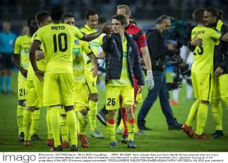 - GENT, BELGIUM: Gent s Renato Neto and Gent s Benito Raman celebrate after winning a soccer game between Belgian team KAA Gent and Spanish club Valencia CF in Gent, Wednesday 04 November 2015, game four in group H of the group stage of the UEFA Champions League tournament. YORICKxJANSENS  x04733631x