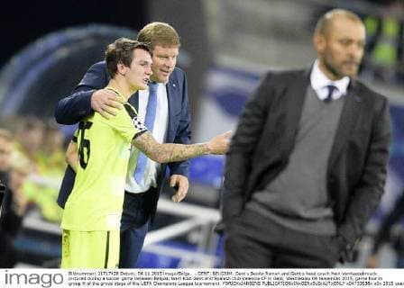 - GENT, BELGIUM: Gent s Benito Raman and Gent s head coach Hein Vanhaezebrouck pictured during a soccer game between Belgian team KAA Gent and Spanish club Valencia CF in Gent, Wednesday 04 November 2015, game four in group H of the group stage of the UEFA Champions League tournament. YORICKxJANSENS  x04733638x