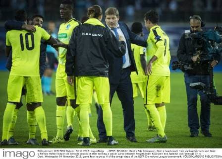 - GENT, BELGIUM: Gent s Erik Johansson, Gent s head coach Hein Vanhaezebrouck and Gent s Rafinha Rafael Scapini de Almeida celebrate after winning a soccer game between Belgian team KAA Gent and Spanish club Valencia CF in Gent, Wednesday 04 November 2015, game four in group H of the group stage of the UEFA Champions League tournament. YORICKxJANSENS  x04733655x