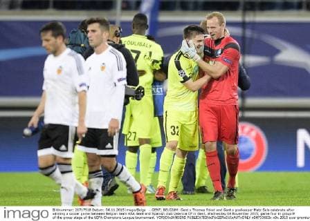 - GENT, BELGIUM: Gent s Thomas Foket and Gent s goalkeeper Matz Sels celebrate after winning a soccer game between Belgian team KAA Gent and Spanish club Valencia CF in Gent, Wednesday 04 November 2015, game four in group H of the group stage of the UEFA Champions League tournament. YORICKxJANSENS  x04733663x