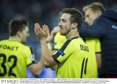 - GENT, BELGIUM: Gent s Brecht Dejaegere celebrates after winning a soccer game between Belgian team KAA Gent and Spanish club Valencia CF in Gent, Wednesday 04 November 2015, game four in group H of the group stage of the UEFA Champions League tournament. YORICKxJANSENS  x04733665x