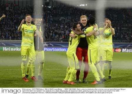 - GENT, BELGIUM: Gent s players celebrate after winning a soccer game between Belgian team KAA Gent and Spanish club Valencia CF in Gent, Wednesday 04 November 2015, game four in group H of the group stage of the UEFA Champions League tournament. YORICKxJANSENS  x04733687x