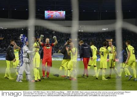 - GENT, BELGIUM: Gent s players celebrate after winning a soccer game between Belgian team KAA Gent and Spanish club Valencia CF in Gent, Wednesday 04 November 2015, game four in group H of the group stage of the UEFA Champions League tournament. YORICKxJANSENS  x04733689x