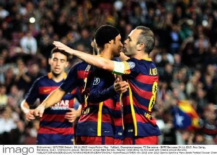 FuÃŸball, Champions League, FC Barcelona - BATE Baryssau 04.11.2015. Nou Camp, Barcelona, Spain. Champions League. Barcelona versus Bate Borisov. Neymar celebrating his first goal with Iniesta xAngelxBoludax  ActionPlus11679456