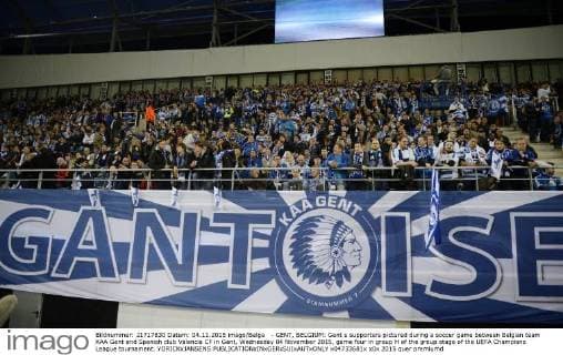 - GENT, BELGIUM: Gent s supporters pictured during a soccer game between Belgian team KAA Gent and Spanish club Valencia CF in Gent, Wednesday 04 November 2015, game four in group H of the group stage of the UEFA Champions League tournament. YORICKxJANSENS  x04733681x