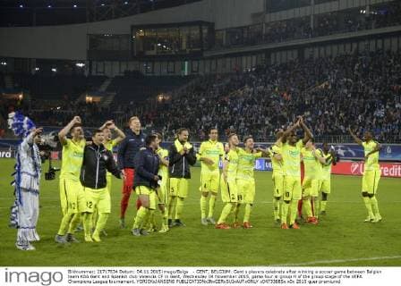- GENT, BELGIUM: Gent s players celebrate after winning a soccer game between Belgian team KAA Gent and Spanish club Valencia CF in Gent, Wednesday 04 November 2015, game four in group H of the group stage of the UEFA Champions League tournament. YORICKxJANSENS  x04733685x