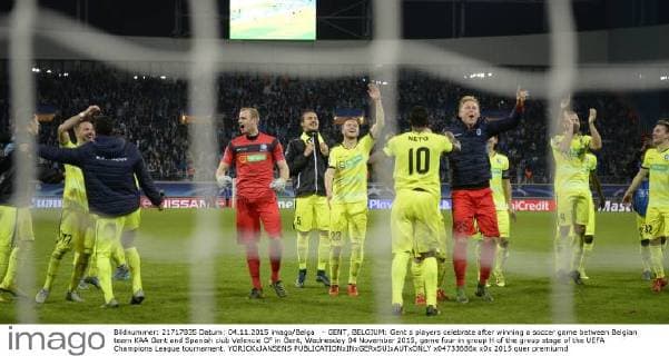 - GENT, BELGIUM: Gent s players celebrate after winning a soccer game between Belgian team KAA Gent and Spanish club Valencia CF in Gent, Wednesday 04 November 2015, game four in group H of the group stage of the UEFA Champions League tournament. YORICKxJANSENS  x04733686x