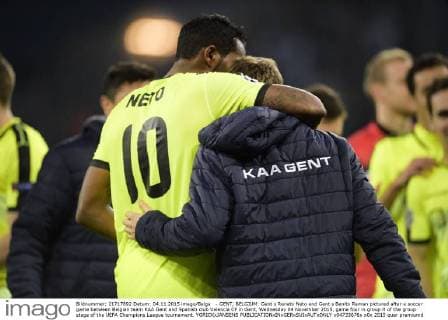 - GENT, BELGIUM: Gent s Renato Neto and Gent s Benito Raman pictured after a soccer game between Belgian team KAA Gent and Spanish club Valencia CF in Gent, Wednesday 04 November 2015, game four in group H of the group stage of the UEFA Champions League tournament. YORICKxJANSENS  x04733676x