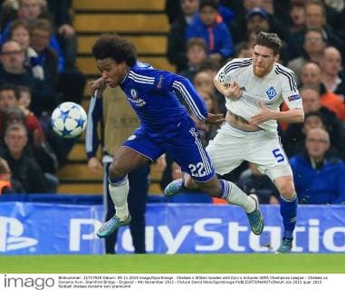 Chelsea s Willian tussles with Kyiv s Antunes UEFA Champions League - Chelsea vs Dynamo Kyiv- Stamfrod Bridge - England - 4th November 2015 - Picture David Klein Sportimage EDITORIAL USE ONLY. No use with unauthorised audio, video, data, fixture lists, club league logos or live services. Online in-match use limited to 120 images, no video emulation. No use in betting, games or single club league player publications.