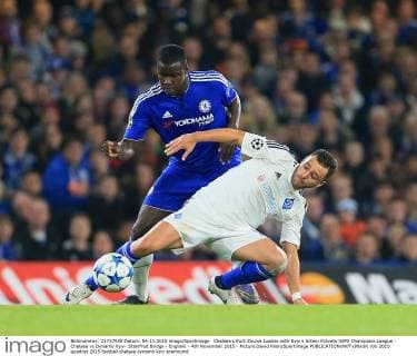 Chelsea s Kurt Zouma tussles with Kyiv s Artem Kravets UEFA Champions League - Chelsea vs Dynamo Kyiv- Stamfrod Bridge - England - 4th November 2015 - Picture David Klein Sportimage EDITORIAL USE ONLY. No use with unauthorised audio, video, data, fixture lists, club league logos or live services. Online in-match use limited to 120 images, no video emulation. No use in betting, games or single club league player publications.