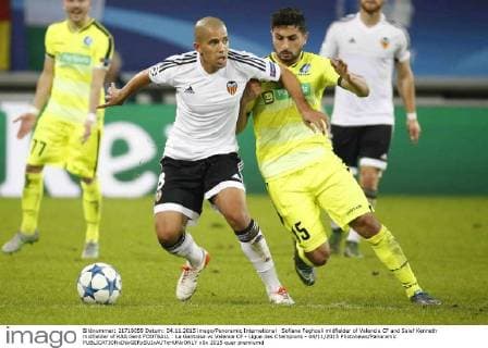 Sofiane Feghouli midfielder of Valencia CF and Saief Kenneth midfielder of KAA Gent FOOTBALL : La Gantoise vs Valence CF - Ligue des Champions - 04 11 2015 Photonews Panoramic 