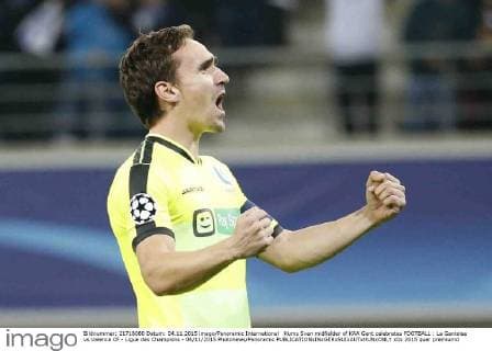 Kums Sven midfielder of KAA Gent celebrates FOOTBALL : La Gantoise vs Valence CF - Ligue des Champions - 04 11 2015 Photonews Panoramic 