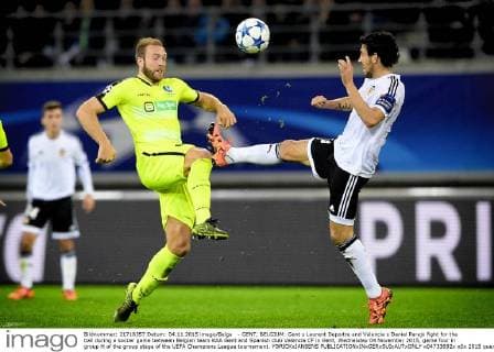 - GENT, BELGIUM: Gent s Laurent Depoitre and Valencia s Daniel Parejo fight for the ball during a soccer game between Belgian team KAA Gent and Spanish club Valencia CF in Gent, Wednesday 04 November 2015, game four in group H of the group stage of the UEFA Champions League tournament. YORICKxJANSENS  x04733692x