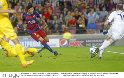 Champions League match played between FC Barcelona and Bate Borisov. In this picture, Neymar scores his second goal. xFRANCESCxADELANTADOx 