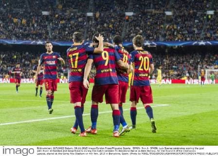 SPAIN- Nov.4- SPAIN: Luis Suarez celebrates scoring the goal with Munir el Haddadi and Sergi Roberto during the match between FC Barcelona Barca vs Bate Borisov, for the Round 4 of the Champions League, played at the Camp Nou Stadium on 4th Nov. 2015 in Barcelona, Spain. (Photo by MIKEL TRIGUEROS URBANANDSPORT CORDON PRESS) 