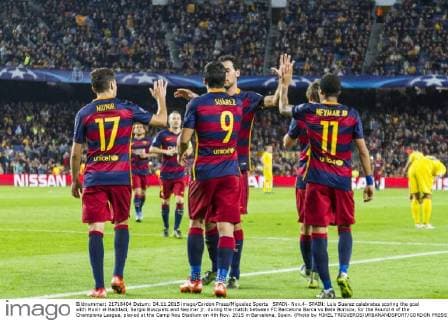 SPAIN- Nov.4- SPAIN: Luis Suarez celebrates scoring the goal with Munir el Haddadi, Sergio Busquets and Neymar jr. during the match between FC Barcelona Barca vs Bate Borisov, for the Round 4 of the Champions League, played at the Camp Nou Stadium on 4th Nov. 2015 in Barcelona, Spain. (Photo by MIKEL TRIGUEROS URBANANDSPORT CORDON PRESS) 