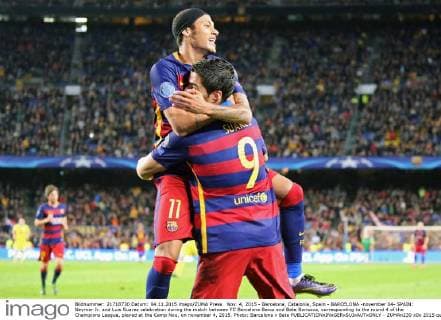 Nov. 4, 2015 - Barcelona, Catalonia, Spain - BARCELONA -november 04- SPAIN: Neymar Jr. and Luis Suarez celebration during the match between FC Barcelona Barca and Bate Borisova, corresponding to the round 4 of the Champions League, played at the Camp Nou, on november 4, 2015. Photo: Barcelona v Bate  - ZUMAn230