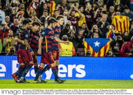 Nov. 4, 2015 - Barcelona, Catalonia, Spain - FC Barcelona Barca s forward NEYMAR JR. celebrates a goal with team mates during the Champions League match between FC Barcelona and FC BATE Borisov at the Camp Nou stadium in Barcelona FC Barcelona 3:0 FC BATE Borisov - UEFA Champions League 2015 - ZUMAo105